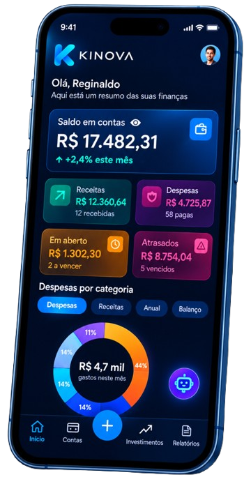 Kinovo — resumo financeiro no celular, saldo, categorias e navegação